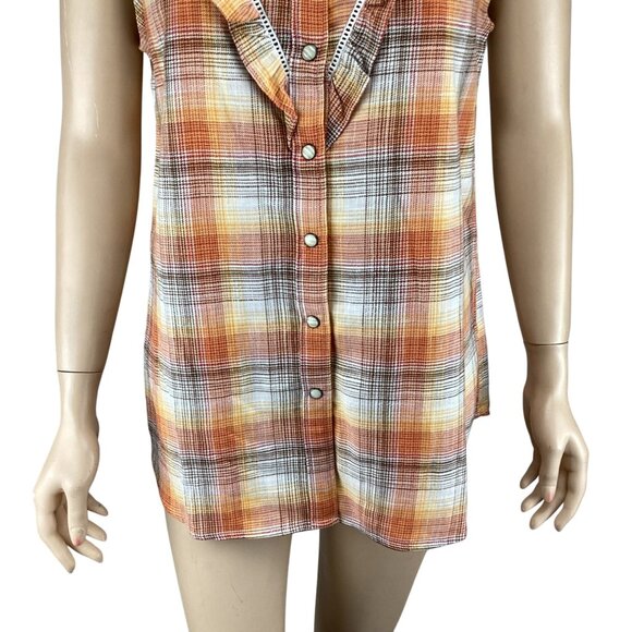 Lands End Blake Shelton Top Size Small NWT Sleeveless Plaid Orange White Ruffles - Picture 6 of 8